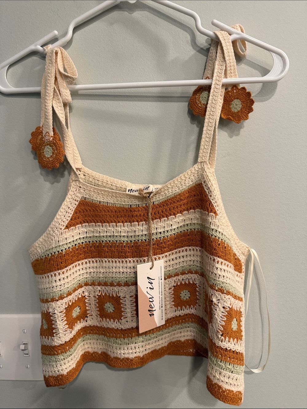 New In Crocheted Tie-Shoulder Crop Top in Cream & Rust